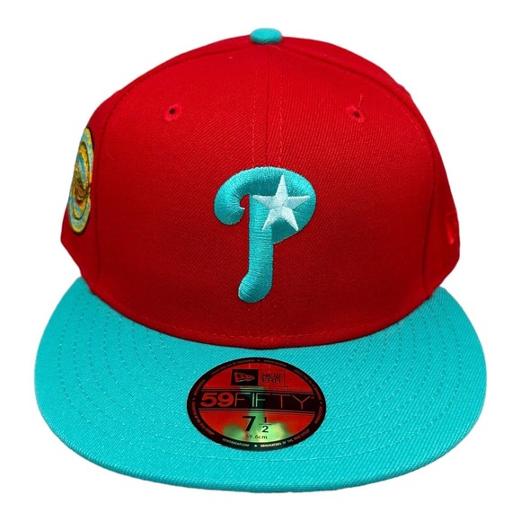New Era Philadelphia Phillies 59FIFTY Red Teal Hat Club Cap Hat 7 1/2 - Picture 2 of 8